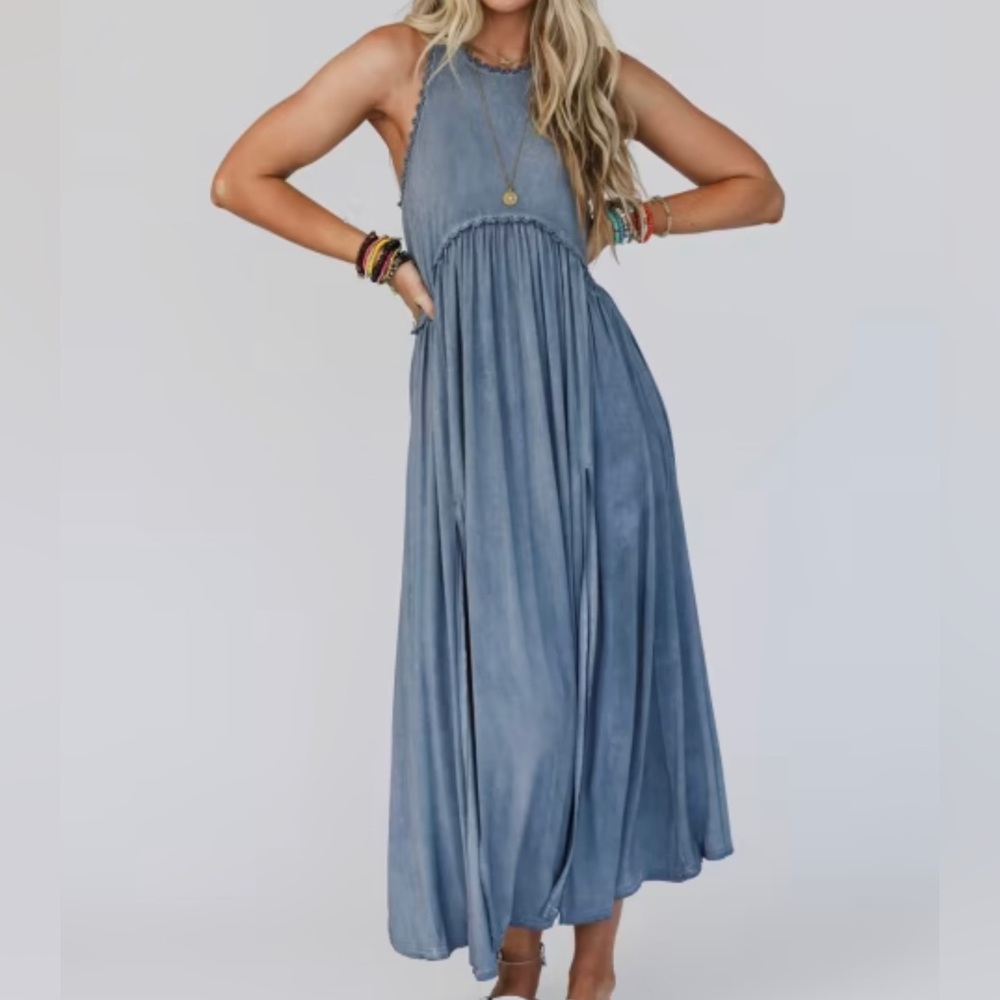 Denim Blue Boho Maxi Dress Size Small. Knotted the ends but still long for me.